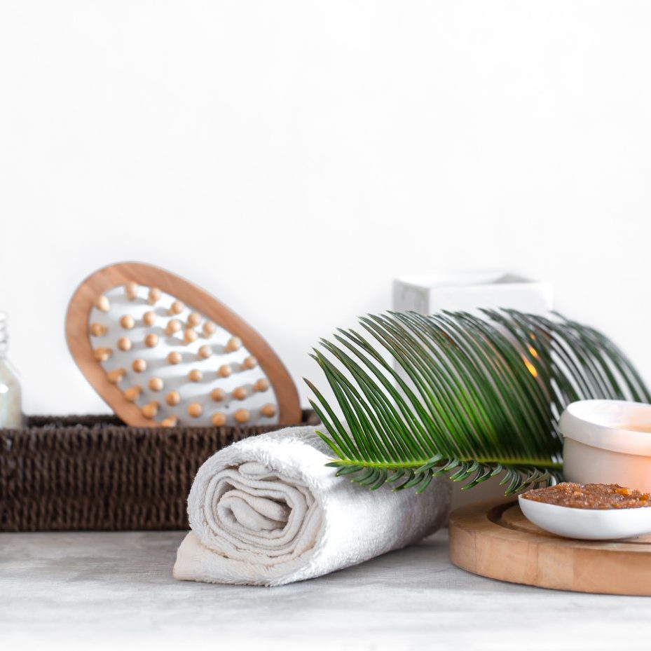 Spa composition with care items on a light background Spa composition with body care items on a light background . A place for text, a concept of beauty and body care .